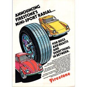1973 Firestone Tires Mini Sport Radial Vintage Print Ad VW Beetle Bug Wall Art